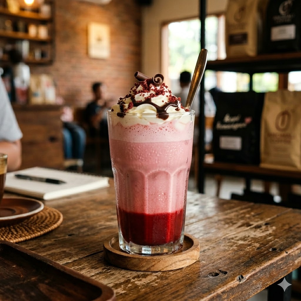 Red Velvet Latte dengan rasa manis creamy dan milk foam